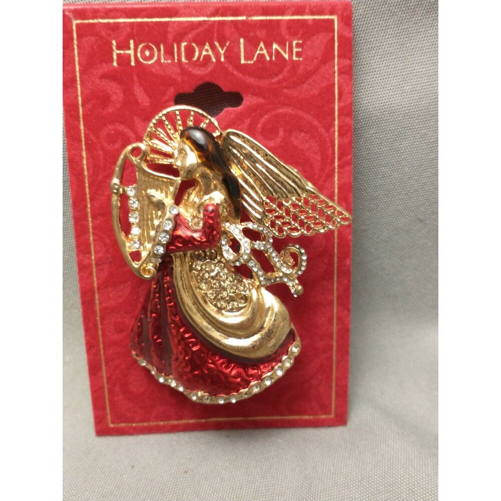 Macy's Holiday Lane enameled Angel Pin Brooch Red Gold
